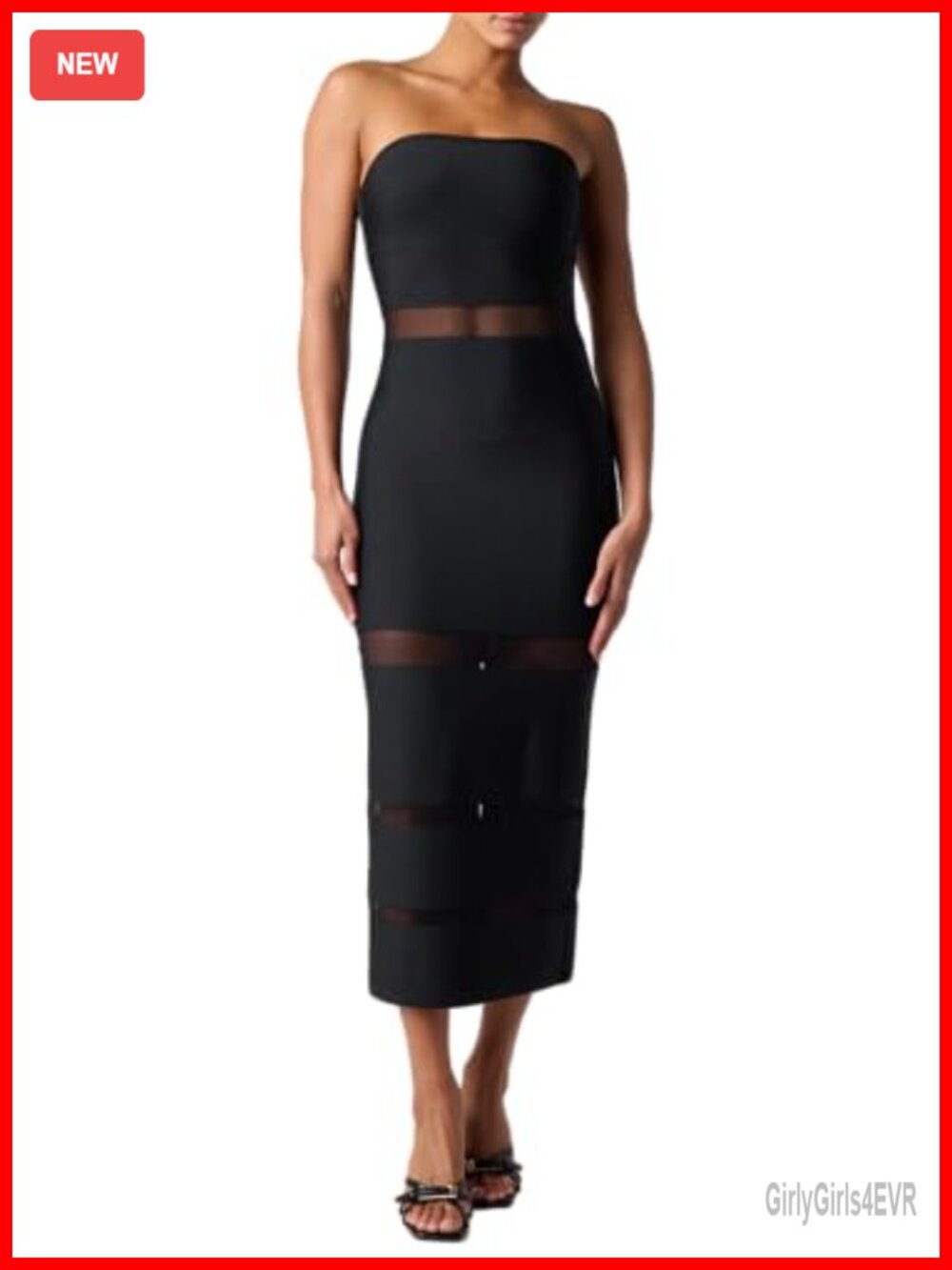 Strapless Bodycon Midi Dress with Mesh Panels & Kick Pleat Cocktail